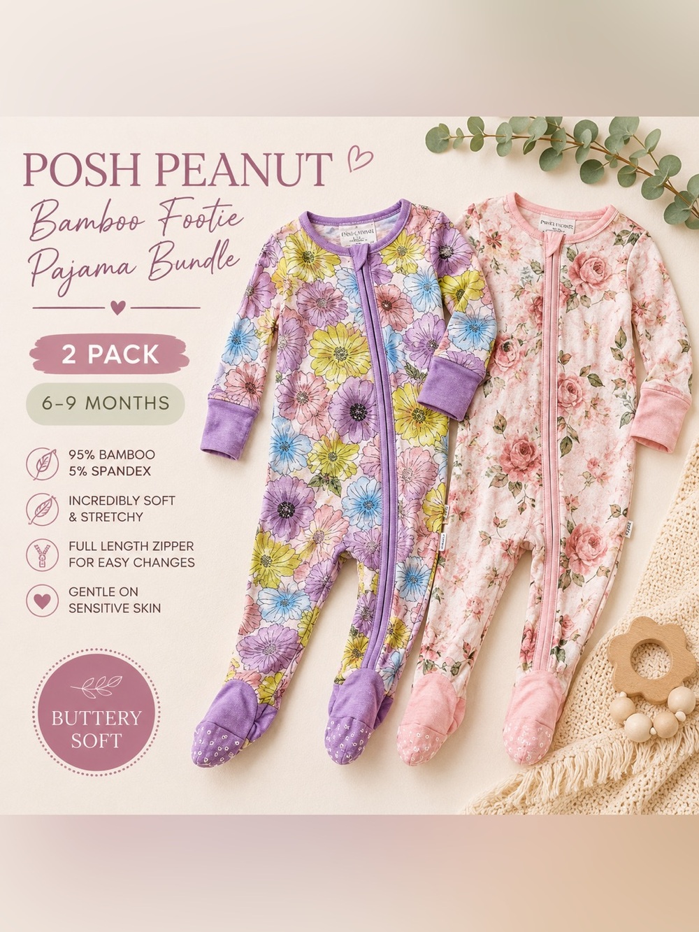 Posh Peanut Bamboo Floral Footie Pajamas Bundle 6-9M